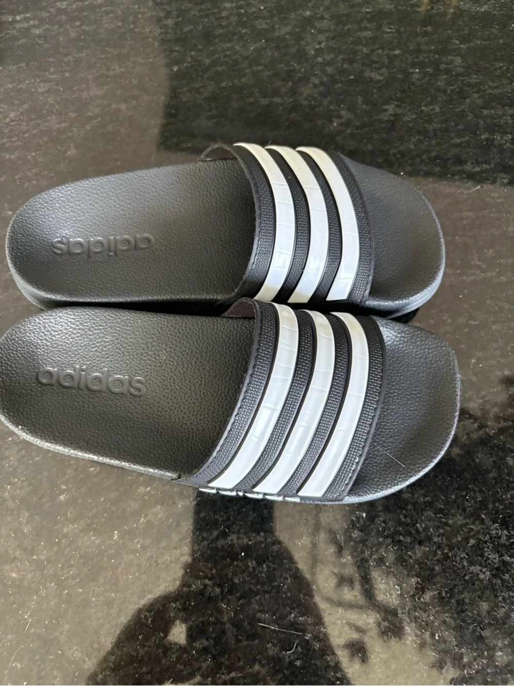 adidas Kids Black Slide Sandals with White Stripes and Logo 13